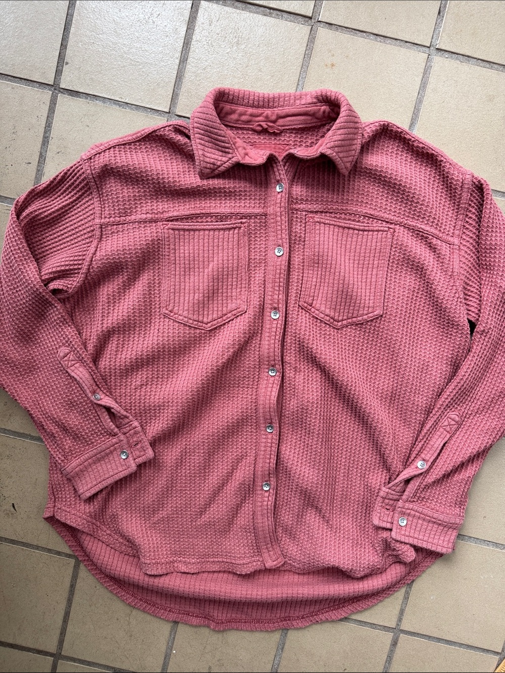 aerie Oversized Waffle Button-Down Cozy Top - Dusty Rose Pink/coral